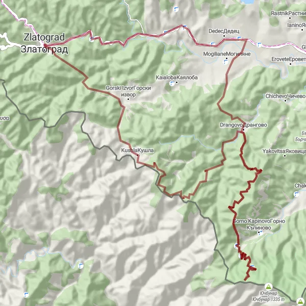 Map miniature of "Gravel Adventure" cycling inspiration in Yuzhen tsentralen, Bulgaria. Generated by Tarmacs.app cycling route planner