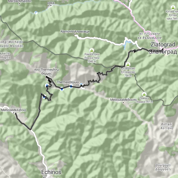Map miniature of "Zlatograd Thermal Springs Loop" cycling inspiration in Yuzhen tsentralen, Bulgaria. Generated by Tarmacs.app cycling route planner