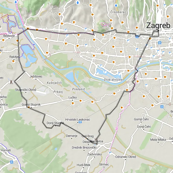 Map miniature of "Dvorac Kerestinec and Grmoščica Road Loop" cycling inspiration in Grad Zagreb, Croatia. Generated by Tarmacs.app cycling route planner