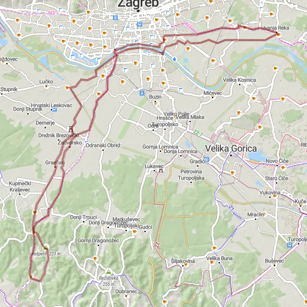 Map miniature of "Gravel Adventure through Ivanja Reka" cycling inspiration in Grad Zagreb, Croatia. Generated by Tarmacs.app cycling route planner