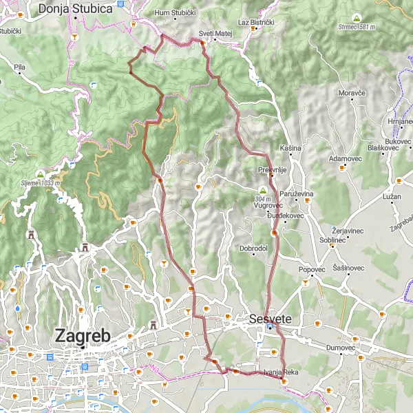 Map miniature of "Dubrava to Sel Gravel Route" cycling inspiration in Grad Zagreb, Croatia. Generated by Tarmacs.app cycling route planner