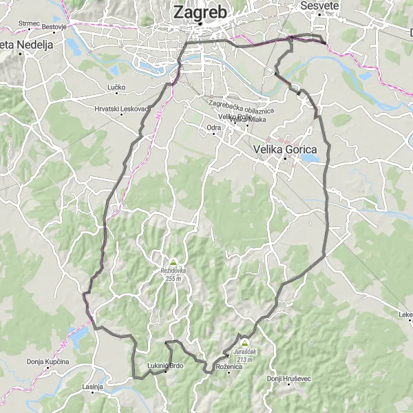 Map miniature of "Scenic and Challenging Road Cycling Route via Ivanja Reka" cycling inspiration in Grad Zagreb, Croatia. Generated by Tarmacs.app cycling route planner