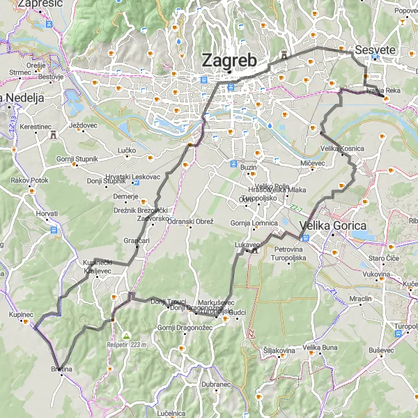 Map miniature of "Enchanting Cycling Tour around Ivanja Reka" cycling inspiration in Grad Zagreb, Croatia. Generated by Tarmacs.app cycling route planner