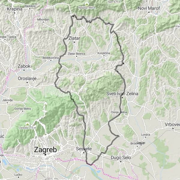 Map miniature of "Sel and Planina Donja Loop" cycling inspiration in Grad Zagreb, Croatia. Generated by Tarmacs.app cycling route planner