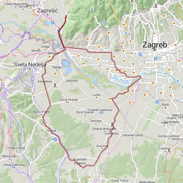 Map miniature of "Kraljevec Kupinečki countryside gravel exploration" cycling inspiration in Grad Zagreb, Croatia. Generated by Tarmacs.app cycling route planner