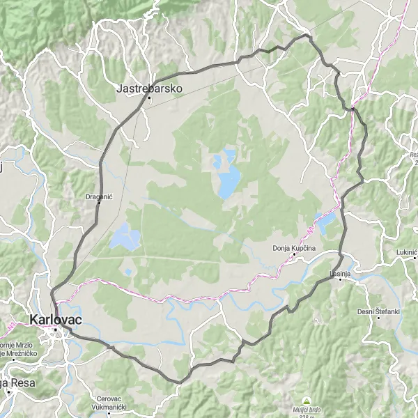Map miniature of "Kupinečki Kraljevec to Karlovac Loop" cycling inspiration in Grad Zagreb, Croatia. Generated by Tarmacs.app cycling route planner