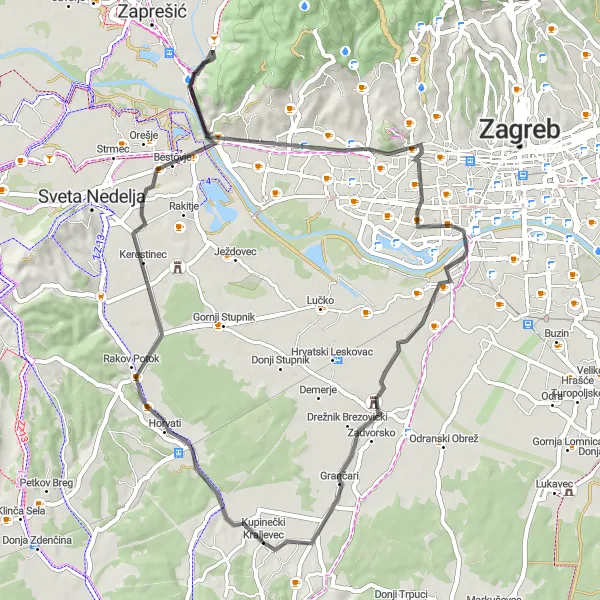 Map miniature of "Picturesque road route from Kraljevec Kupinečki" cycling inspiration in Grad Zagreb, Croatia. Generated by Tarmacs.app cycling route planner