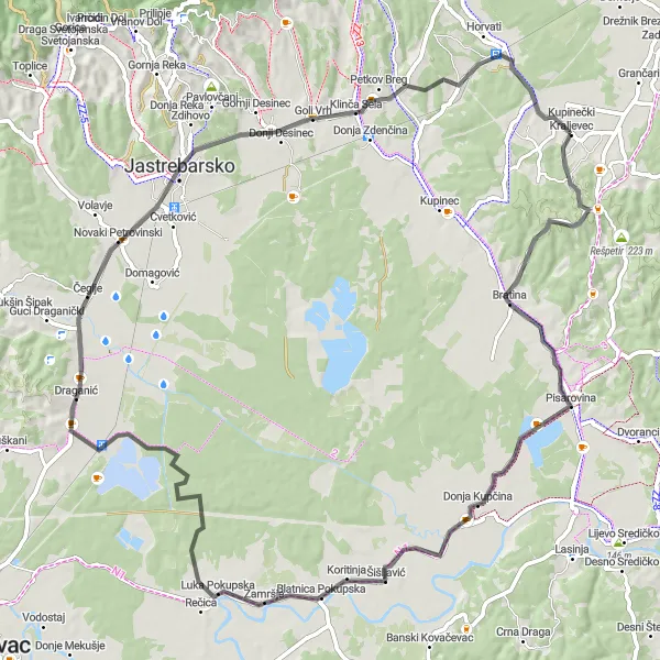 Map miniature of "Scenic Road Cycling from Kupinečki Kraljevec" cycling inspiration in Grad Zagreb, Croatia. Generated by Tarmacs.app cycling route planner