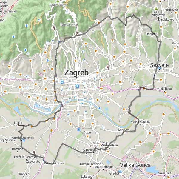 Map miniature of "Pleasurable Ride to Podsljeme" cycling inspiration in Grad Zagreb, Croatia. Generated by Tarmacs.app cycling route planner