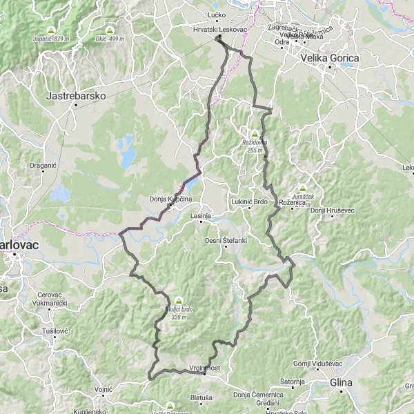 Map miniature of "Scenic Adventure to Pisarovina" cycling inspiration in Grad Zagreb, Croatia. Generated by Tarmacs.app cycling route planner