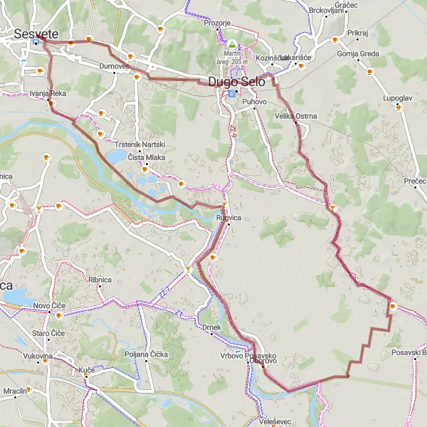 Map miniature of "Sesvete and Velika Ostrna" cycling inspiration in Grad Zagreb, Croatia. Generated by Tarmacs.app cycling route planner