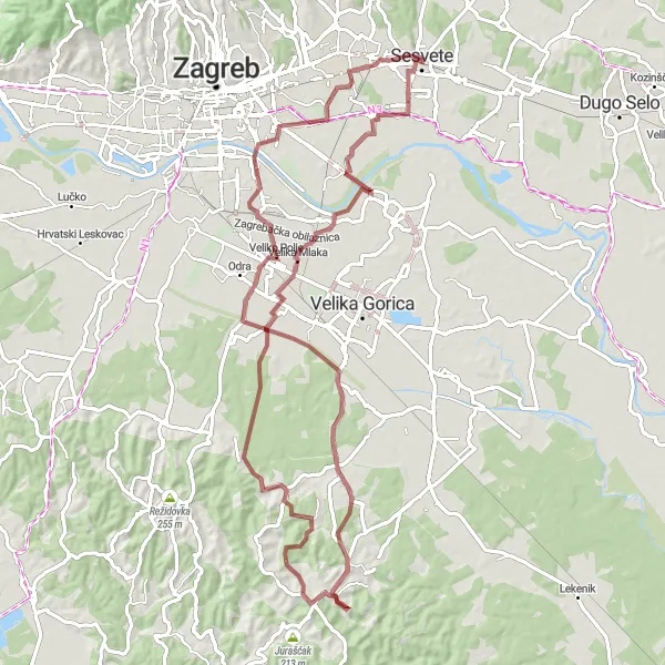 Map miniature of "Journey through Mičevec, Kostanjevec, and Hrašće Turopoljsko" cycling inspiration in Grad Zagreb, Croatia. Generated by Tarmacs.app cycling route planner