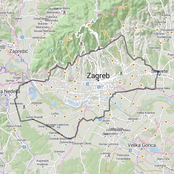 Map miniature of "Road Trip to Goli Breg and Podsljeme" cycling inspiration in Grad Zagreb, Croatia. Generated by Tarmacs.app cycling route planner