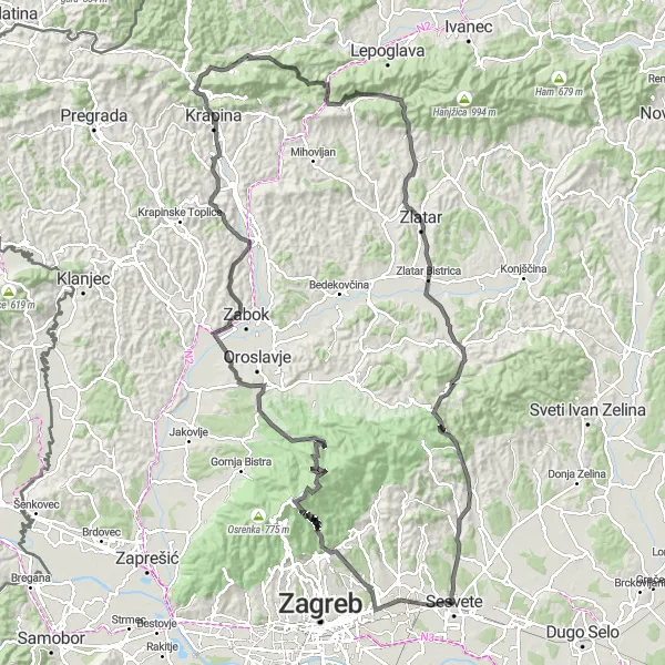 Map miniature of "Podsljeme and Zlatar Bistrica" cycling inspiration in Grad Zagreb, Croatia. Generated by Tarmacs.app cycling route planner