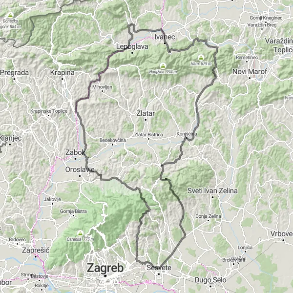 Map miniature of "Epic Road Cycling Adventure to Gornja Dubrava, Popovec, and More" cycling inspiration in Grad Zagreb, Croatia. Generated by Tarmacs.app cycling route planner