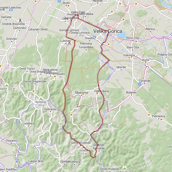 Map miniature of "The Jurašćak & Kostanjevec Gravel Loop" cycling inspiration in Grad Zagreb, Croatia. Generated by Tarmacs.app cycling route planner
