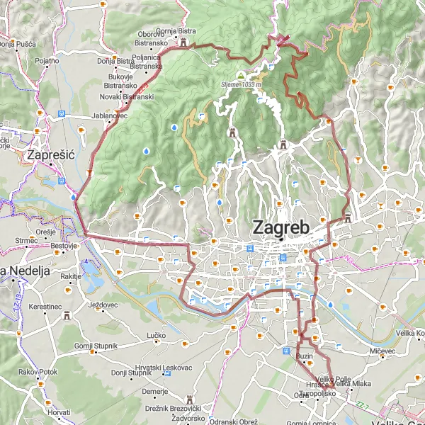 Map miniature of "The Otok hrvatske mladeži & Sljeme Gravel Adventure" cycling inspiration in Grad Zagreb, Croatia. Generated by Tarmacs.app cycling route planner