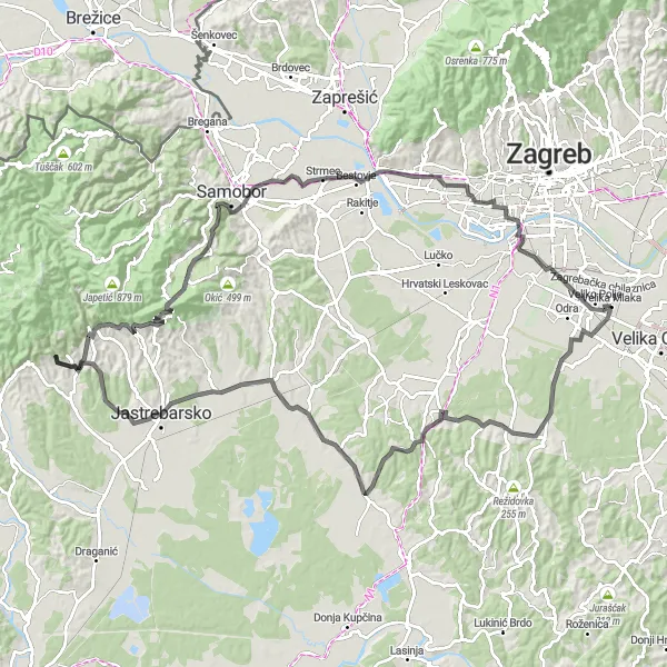 Map miniature of "Road cycling through Jastrebarsko" cycling inspiration in Grad Zagreb, Croatia. Generated by Tarmacs.app cycling route planner