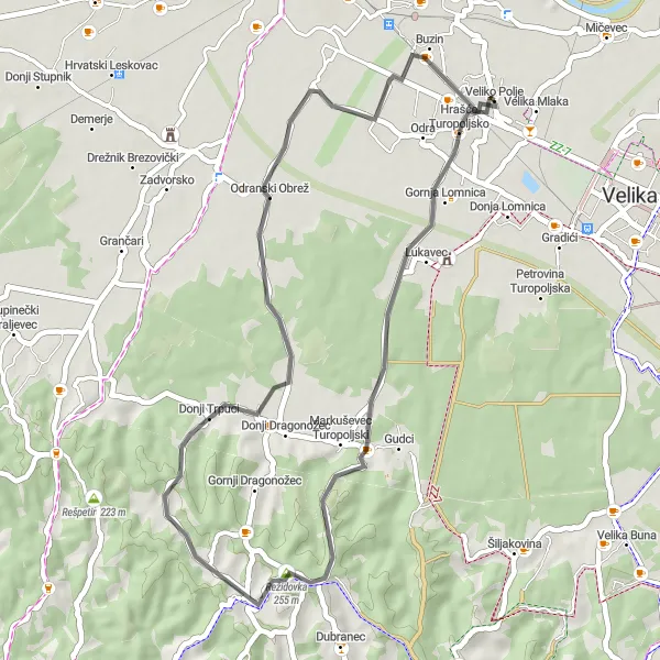 Map miniature of "Short ride through Hrašće Turopoljsko" cycling inspiration in Grad Zagreb, Croatia. Generated by Tarmacs.app cycling route planner