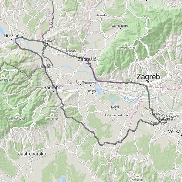 Map miniature of "The Razumov breg & Šentviška gora Road Adventure" cycling inspiration in Grad Zagreb, Croatia. Generated by Tarmacs.app cycling route planner