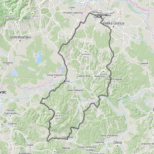 Map miniature of "Challenging ride to Pisarovina" cycling inspiration in Grad Zagreb, Croatia. Generated by Tarmacs.app cycling route planner