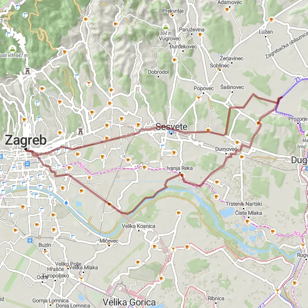 Map miniature of "Zagreb to Sesvete Gravel Route" cycling inspiration in Grad Zagreb, Croatia. Generated by Tarmacs.app cycling route planner