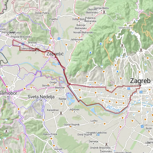 Map miniature of "Gravel Adventure: Zagreb to Donji Grad" cycling inspiration in Grad Zagreb, Croatia. Generated by Tarmacs.app cycling route planner