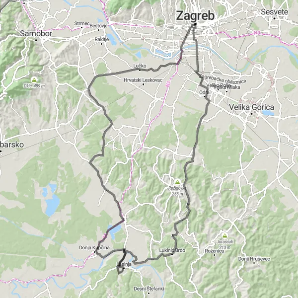 Map miniature of "Zagreb Funicular Adventure" cycling inspiration in Grad Zagreb, Croatia. Generated by Tarmacs.app cycling route planner