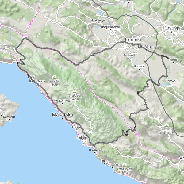 Map miniature of "Brela-Krvavica-Biluša Loop" cycling inspiration in Jadranska Hrvatska, Croatia. Generated by Tarmacs.app cycling route planner