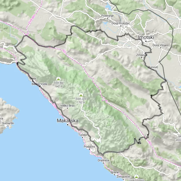 Map miniature of "Gornja Brela to Krvavica Circuit" cycling inspiration in Jadranska Hrvatska, Croatia. Generated by Tarmacs.app cycling route planner