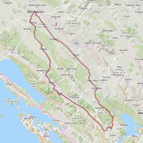 Map miniature of "Benkovac - Perušić Benkovački Loop" cycling inspiration in Jadranska Hrvatska, Croatia. Generated by Tarmacs.app cycling route planner