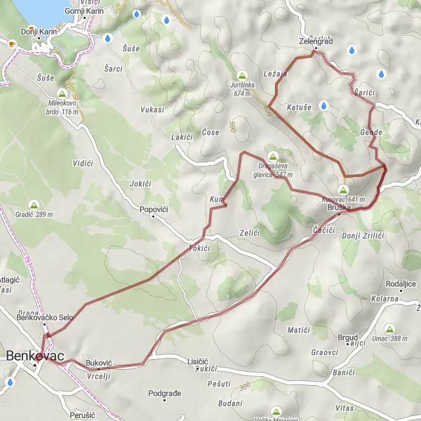 Map miniature of "Scenic Route to Benkovačko Selo" cycling inspiration in Jadranska Hrvatska, Croatia. Generated by Tarmacs.app cycling route planner
