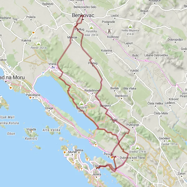 Map miniature of "Benkovac - Dobra Voda Exploration" cycling inspiration in Jadranska Hrvatska, Croatia. Generated by Tarmacs.app cycling route planner