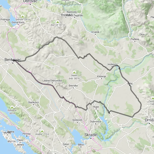 Map miniature of "Benkovac to Omčikus-glavica" cycling inspiration in Jadranska Hrvatska, Croatia. Generated by Tarmacs.app cycling route planner
