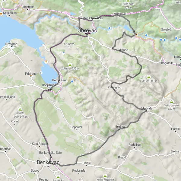Map miniature of "Benkovac to Gradinica" cycling inspiration in Jadranska Hrvatska, Croatia. Generated by Tarmacs.app cycling route planner