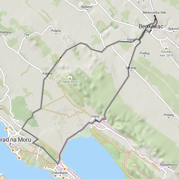 Map miniature of "Benkovac to Bird Watching" cycling inspiration in Jadranska Hrvatska, Croatia. Generated by Tarmacs.app cycling route planner