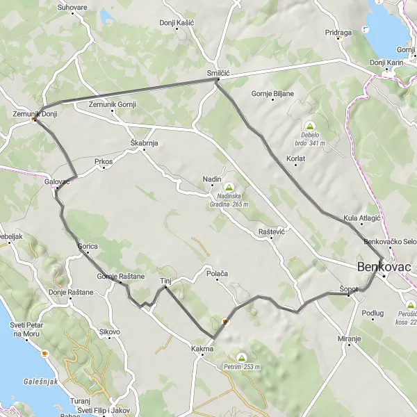 Map miniature of "Benkovac to Gola glavica" cycling inspiration in Jadranska Hrvatska, Croatia. Generated by Tarmacs.app cycling route planner