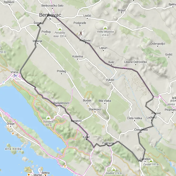 Map miniature of "Benkovac to Kožlovac" cycling inspiration in Jadranska Hrvatska, Croatia. Generated by Tarmacs.app cycling route planner