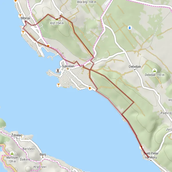 Map miniature of "Bibinje Gravel Adventure" cycling inspiration in Jadranska Hrvatska, Croatia. Generated by Tarmacs.app cycling route planner