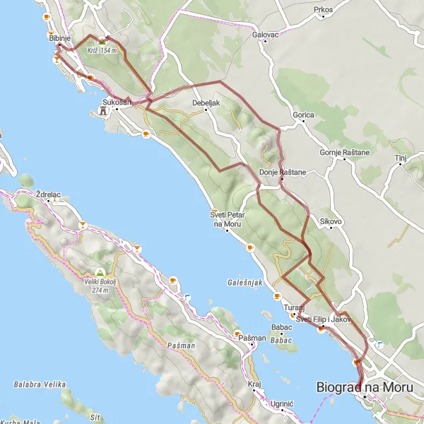 Map miniature of "Bibinje and more" cycling inspiration in Jadranska Hrvatska, Croatia. Generated by Tarmacs.app cycling route planner