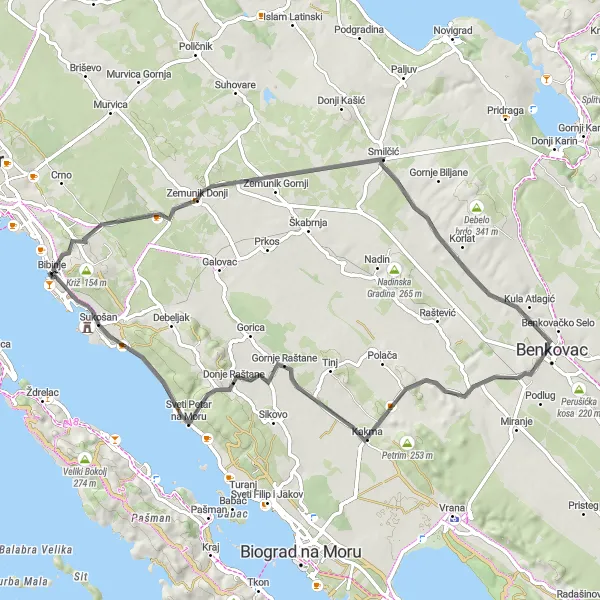 Map miniature of "Zemunik Donji Loop" cycling inspiration in Jadranska Hrvatska, Croatia. Generated by Tarmacs.app cycling route planner