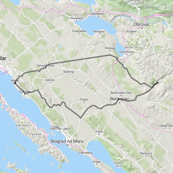 Map miniature of "Zemunik Donji and Zapužane Challenge" cycling inspiration in Jadranska Hrvatska, Croatia. Generated by Tarmacs.app cycling route planner