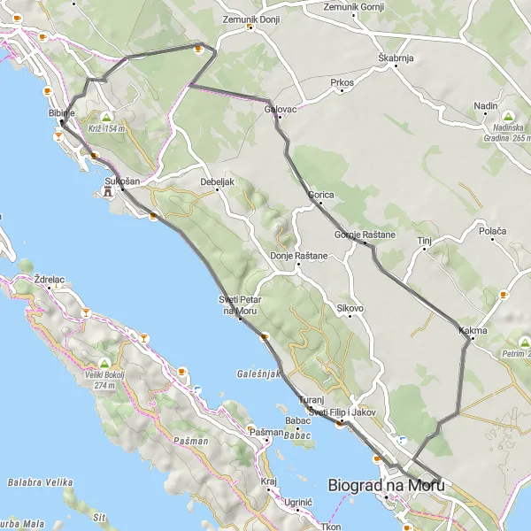 Map miniature of "Gornje Raštane Exploration" cycling inspiration in Jadranska Hrvatska, Croatia. Generated by Tarmacs.app cycling route planner