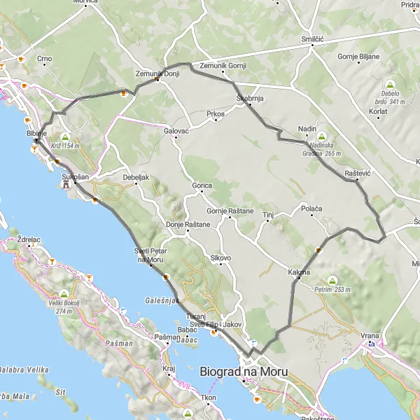 Map miniature of "Zemunik Donji and Mutvica Adventure" cycling inspiration in Jadranska Hrvatska, Croatia. Generated by Tarmacs.app cycling route planner