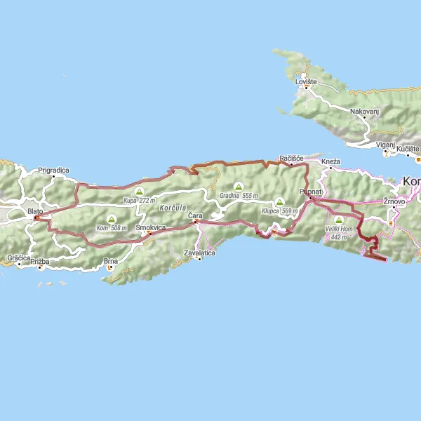 Map miniature of "Undulating Routes of Blato" cycling inspiration in Jadranska Hrvatska, Croatia. Generated by Tarmacs.app cycling route planner
