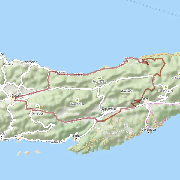 Map miniature of "Blato Gravel Loop" cycling inspiration in Jadranska Hrvatska, Croatia. Generated by Tarmacs.app cycling route planner