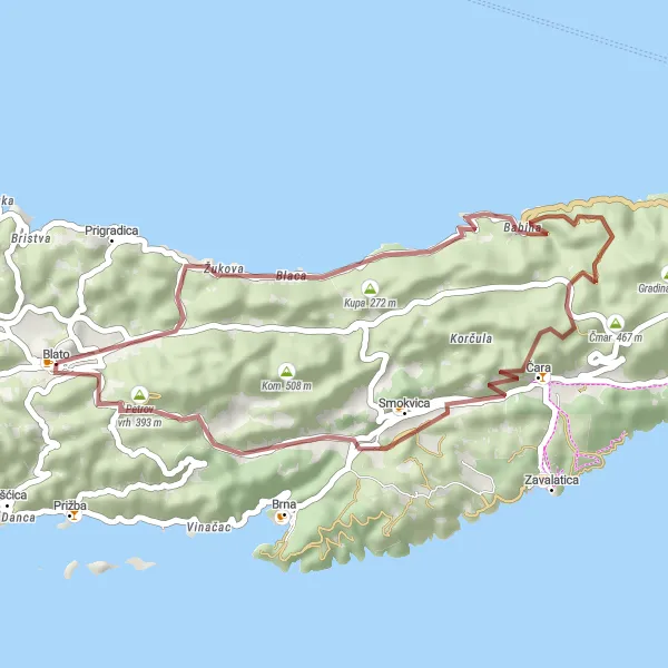 Map miniature of "Gravel Adventure to Babina" cycling inspiration in Jadranska Hrvatska, Croatia. Generated by Tarmacs.app cycling route planner
