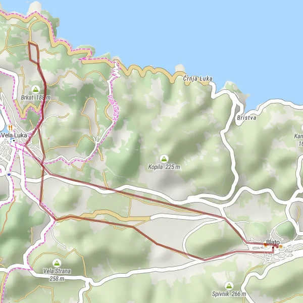Map miniature of "The Hidden Treasures of Blato" cycling inspiration in Jadranska Hrvatska, Croatia. Generated by Tarmacs.app cycling route planner