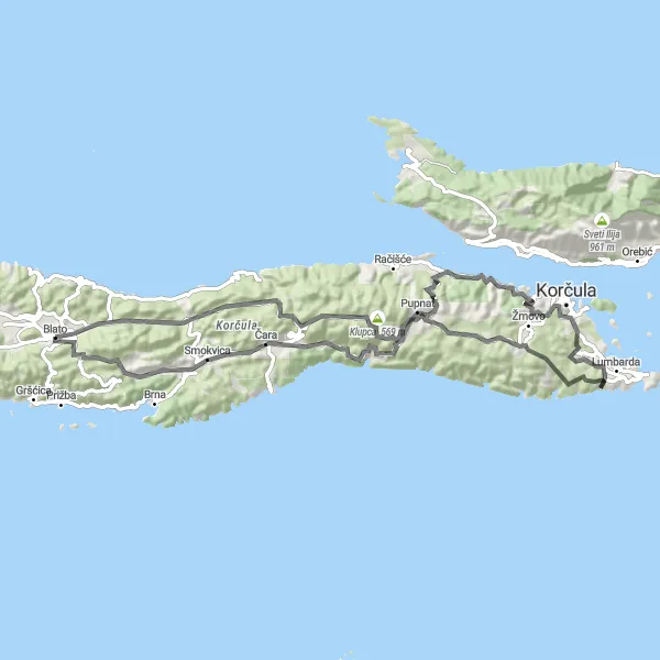 Map miniature of "The Blato Loop" cycling inspiration in Jadranska Hrvatska, Croatia. Generated by Tarmacs.app cycling route planner