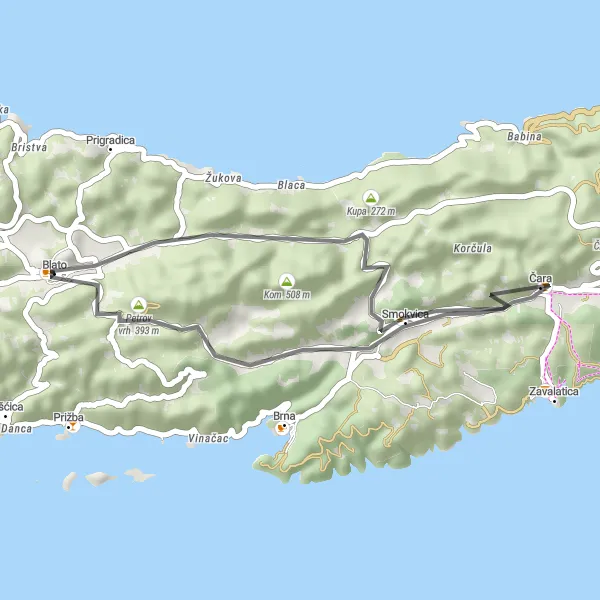Map miniature of "Scenic Adventure through Gomila and Čara" cycling inspiration in Jadranska Hrvatska, Croatia. Generated by Tarmacs.app cycling route planner